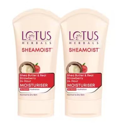 Image of Lotus Herbals Sheamoist Shea Butter and Real Strawberry 24 Hour Moisturiser for Normal to Dry Skin, 100g (Pack of 2)