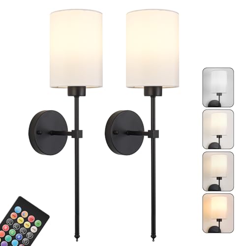 Image of Battery Operated Wall Sconce Set of Two,Wireless Rechargeable Wall Light With Remote Control, Dimmable, 1800K /3000K /4000K /6000K /RGB, Timer, for Living Room, Bedroom, Fireplace, TV, 26.8 Inch, Black