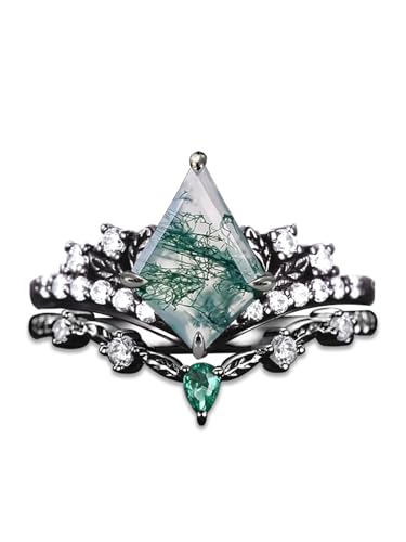 Black Moss Agate Wedding Ring Set for Women 925 Sterling Silver Emerald Moss Agate Engagement Ring Stacking Bridal Set for Her with Engraving Promise Ring for Women Wife Bridal Size 4-15