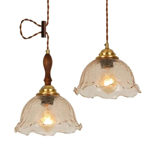 Luminaire suspendu LED 2 têtes en verre craquelé et bois pour cuisine et bar