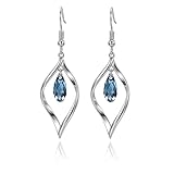 Dangle Earrings for Women Rhodium Plated 925 Sterling Silver Minimalist Lightweight Hypoallergenic Fashion Jewelry Austrian Waterdrop Blue Crystal Twist Wire Leaf Wedding Anniversary Holiday Gifts