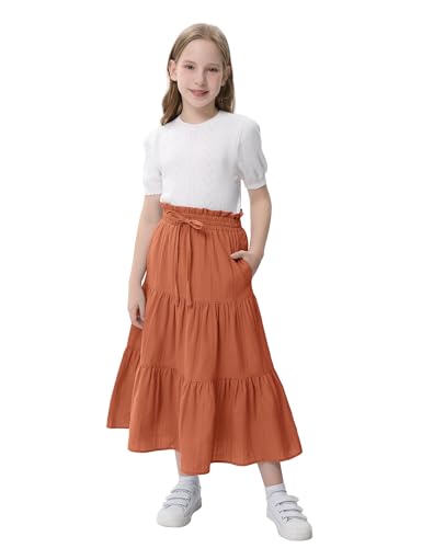 Image of Maxi Skorts Skirt for Girls Button Front High Waisted Long Skirt with Belt Ruffled Skirts with Pocket 3-12Years