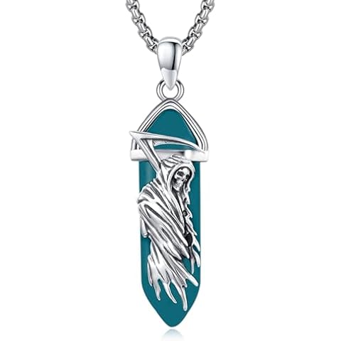 Black Obsidian Santa Muerte Necklace 925 Sterling Silver Grim Reaper Pendant Healing Crystal Point Skull Holy Death Necklace Amulet Protection Jewelry for Men Women (Blue) Cover