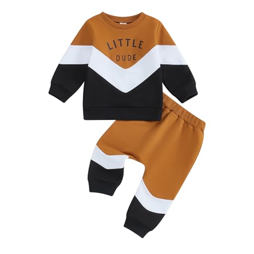 Image of Kupretty Toddler Baby Boy Fall Winter Clothes Color Block Long Sleeve Sweatshirt Pullover Tops + Joggers Pants Outfit Set