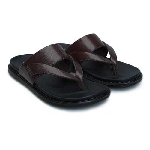 Image of Men's Solid Casual Flat Slipper, Faux Leather Slip-on V-Strap Fashion Slipper For Men