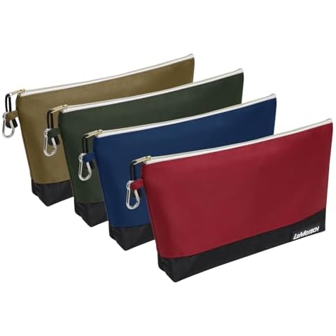 LeMotech Zipper Tool Bag, Stand-Up Tool Pouch with Carabiners,Utility Bag,Water Resistant Storage Bag,12.5x7-Inch Red/Brown/Blue/Olive 4 Pack Cover
