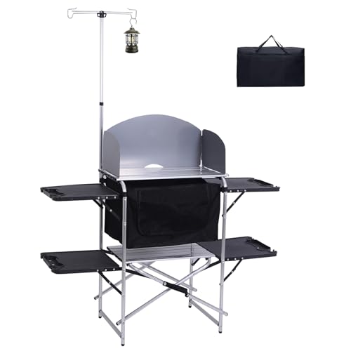 WGOS Camping Table, Camp Kitchen, Cook Station, Kitchen Camping Station with Side Table, Portable with Carry Bag, Storage, Windscreen, and Light Stand