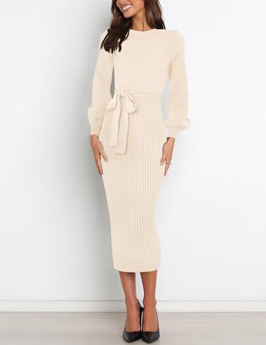 HAEOF Womens 2025 Fall Bodycon Midi Sweater Dress Ribbed Knit Trendy Puff Long Sleeve Winter Business Casual Work Dresses3
