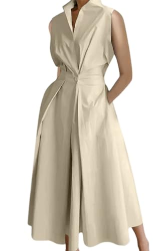 GTSAMTON Women's Pear Shaped Body Chambray Flowy Dress Side Pockets Pleated Waist Sundress Asymmetrical Stretchy Cami Beige L