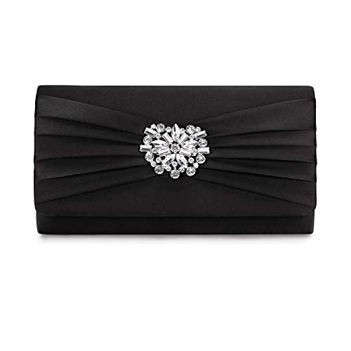 Image of Evening Bags For Women Pleated Satin Rhinestone Brooch Prom Clutch Purse With Detachable Chain Strap
