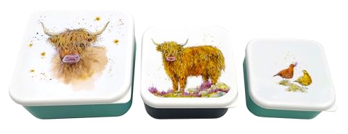 Puckator Jan Pashley Highland Coo Cow Set of 3 Lunch Box Snack Storage M/L/XL - Lunchbox with Multi Compartments - Small Food Containers -or Adults and Kids - Girls Boys Lunchbox