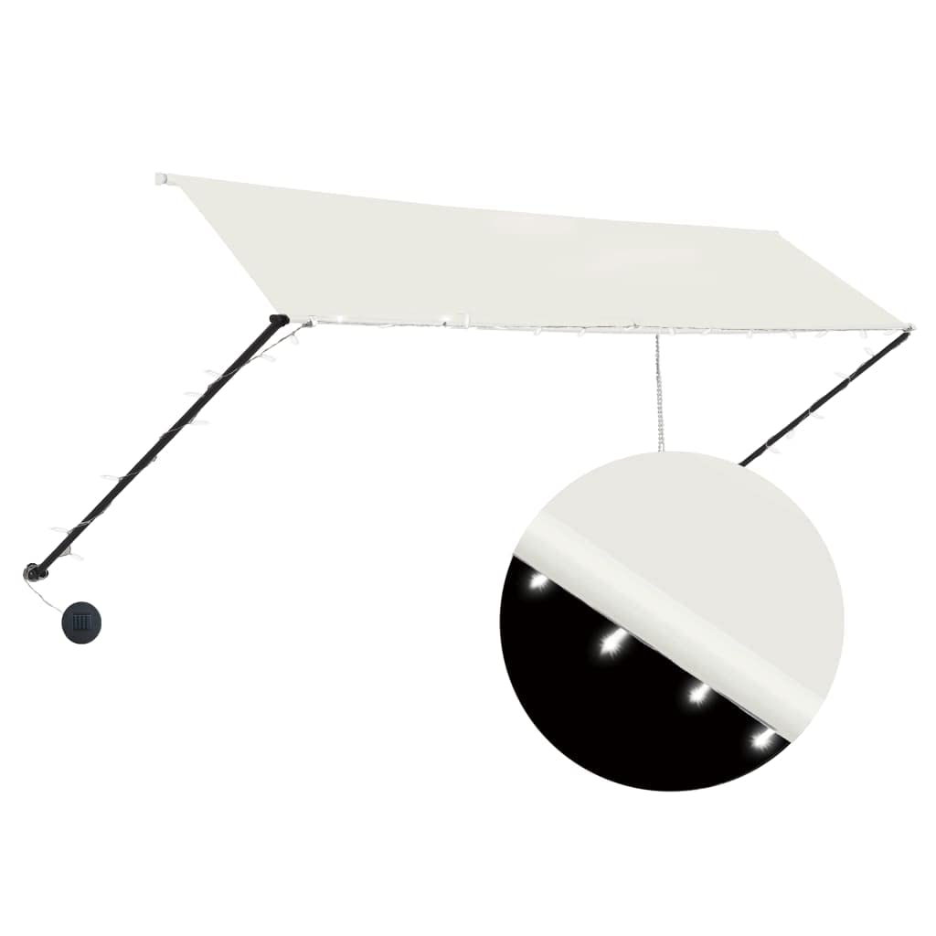 HOMIUSE Einziehbare Markise 350x150 cm mit Solarmodul und LED Leiste Klemmmarkise Balkonmarkise Fenstermarkise Handbetrieben UV Beständig Höhenverstellbar Wasserdicht Creme Polyester