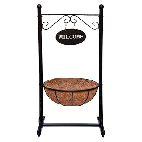 Garden Gear Welcome Sign and Flower Display Planter, Outdoor Natural Hanging Basket and Coco Liner, Traditional Home Decorative Iron Stand, Patio Decor Flower Basket Cover