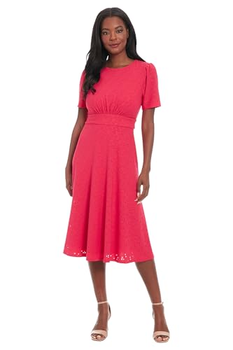 Image of London Times Women's Women's Eyelet Midi A-line Dress with Puff Sleeves - Gathered Waist Empire Cut - Wedding Guest Dress
