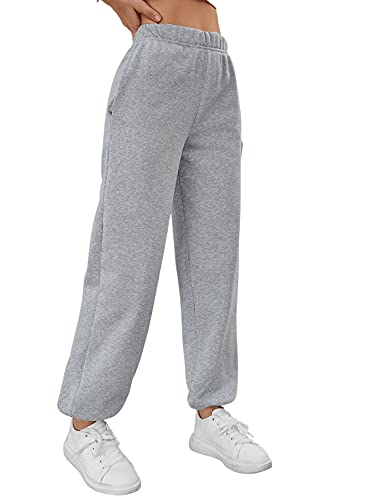 SweatyRocks Calça de moletom feminina elástica de cintura alta para treino e bolso, Cinza, PP