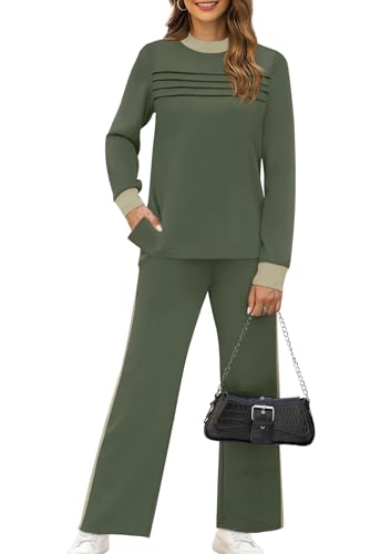Image of WIHOLL Two Piece Sets for Women Fall Travel Vacation Outfits 2026 Long Sleeve Lounge Sets Side Slit Wide Leg Pants XS-3XL