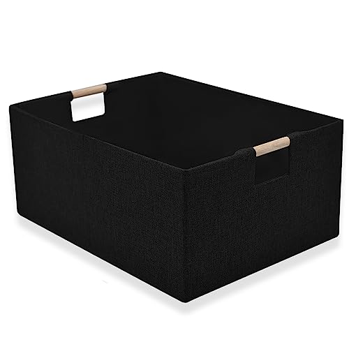 xianshengle Fabric Storage Basket for Shelves Collapsible Storage Bins with wood Handles Rectangle Closet Baskets Wardrobe Organiser for Sorting Clothes Family Items (Black) (1)