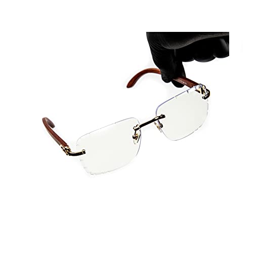 Street Knitted Men's Rimless Woodgrain Vintage Hip Hop Gold Frame Gem Cut Clear Lens Glasses