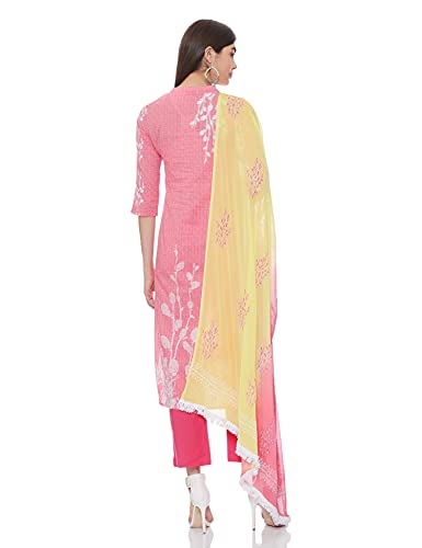Image of Rain & Rainbow Cotton Women Coral Pink & White Floral Screen Print Kurta with Trousers & Dupatta
