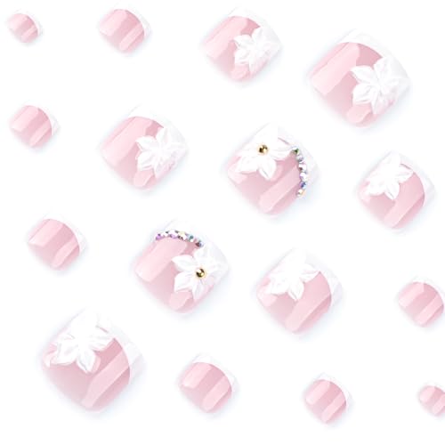Image of White Press on Toenails French Tip Fake Toe Nails Flower Glue on Toenails with Rhinestone Design Glossy Full Cover False Toes Short Square Stick on Toes for Women Manicure 24Pcs