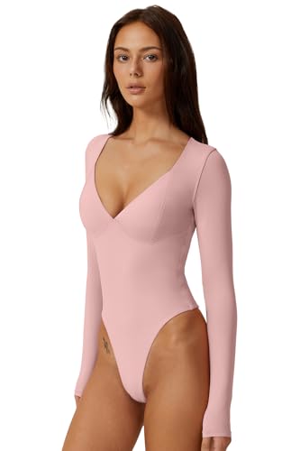 Image of QINSEN Women's Long Sleeve Bodysuit V Neck Body Suits Seamed Cup Going Out Tops Shirt