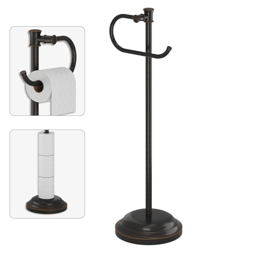 BESy Toilet Paper Holder Free Standing Bathroom Toilet Tissue Holder Stand for Floor Toilet Paper Roll Holder with Storage Hardware Accessories Rack Hand Towel Bar Oil Rubbed Bronze Stainless Steel