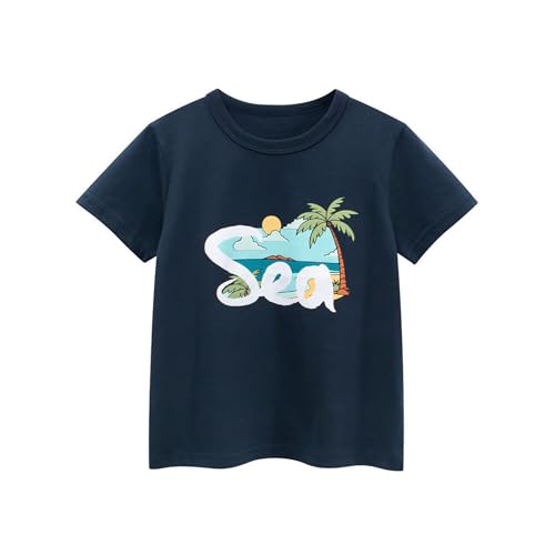 Novedades 2026 Camiseta coreana para, manga corta, estampado de dibujos animados, cuello redondo, camiseta casual para niños, azul oscuro, 3-4 años