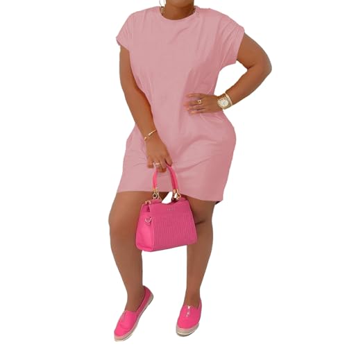 PINSV Women's Plus Size Summer T Shirt Dresses Short Sleeve Tunic Dress with Pockets Pink 3XL