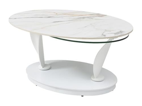 Vente-unique - Table Basse avec Plateaux pivotants en céramique, Verre trempé et métal - Effet marbre Blanc - MANEYA de Maison Céphy