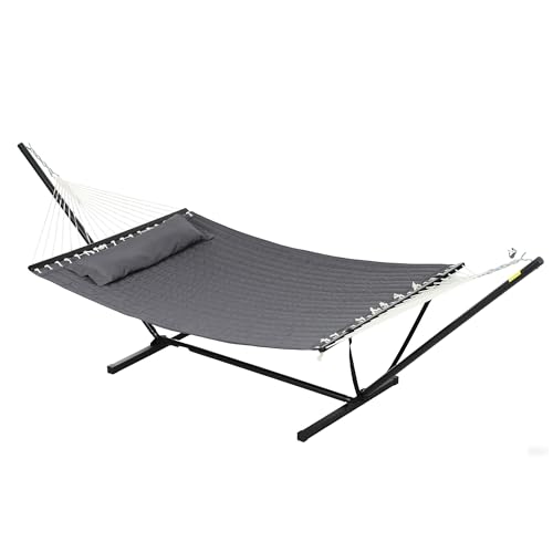 Outsunny Hamac sur Pied avec Oreiller, hamac avec Support Acier, avec Barres d'écartement, pour Camping en Plein air, Plage, Gris foncé