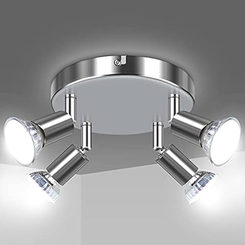 Uchrolls LED Ceiling Light Rotatable,4 Way Swiveling Round Plate Spotlight for Kitchen, Living Room and Bedroom, Complete with 4X 4W GU10 LED Light Bulbs (450LM, Cool White)- White Chrome Cover