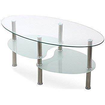 SUNCOO Glass Coffee Table for Home/Office Oval with 2 Tire Tempered Glass Boards Sturdy Chrome Plated Legs End Table Modern Coffee Table Tea Table (Clear)
