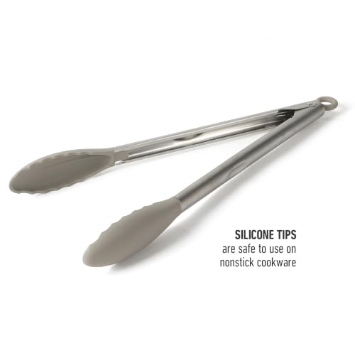 Image of Calphalon Edge Kitchen Tongs, Stainless Steel Locking Tongs with Heat-Resistant Silicone Heads, Nonstick-Safe Cooking Tongs for Grilling, Serving & Food Prep, Taupe