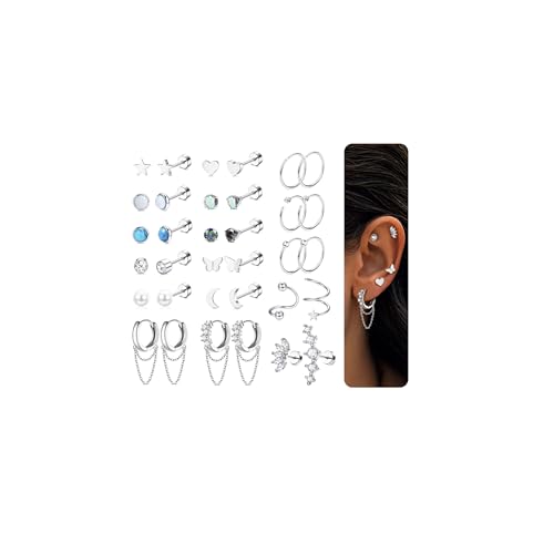 KALVICA 34 Piezas Pendientes Mujer Plata Hipoalergenicos Helix Piercing Joyas Acero Quirurgico Cartilago Pendientes Tragus Conch Rook Piercing Oreja Nariz Estrella Mariposa Perla Pendientes 20G(2)