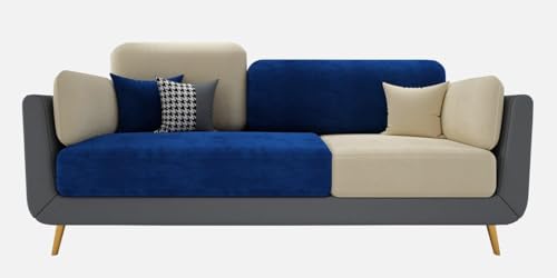 Image of 3 Seater Sofa Set for Living Room | 3-Person Upholstered Velvet Fabric Sofa Couch for Home and Office Guests | Blue & Beige | Modern Style | Small Pillow Included