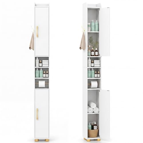 Image of Tangkula Narrow Bathroom Cabinet, 69.5 inch Tall Storage with 2 Doors & Adjustable Shelves, Toilet Paper Rod & Side Hook, Anti-toppling Design, Slim Floor Cabinet for Small Spaces (White, 2 Pack)