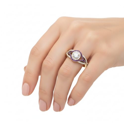 Image of Choose Your Gemstone Round Twisted Pave Double Halo Diamond CZ Ring Yellow Gold Plated Round Shape Double Halo Engagement Ring for Women, and Ladies US Size 4 to 12