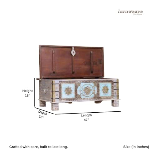 Image of Keve Wooden Trunk Box for Storage | Solid Wood Coffee Table for Living Room | Handcrafted Center Tea Table with Sandook Storage for Living Room | Pitara for Home and Bedroom (Grey Distress)