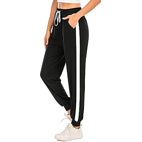 Enjyam Women's Colorblock Sweatpants Drawstring Waist Loose Fit Track Trousers Casual PJ Pants-B-Black/M Cover