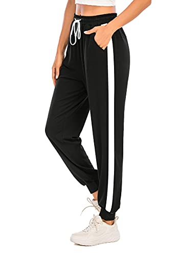 Pantalon de Sport Femme en Coton avec Bande Blanche Pantalon de Jogging avec Poches Pantalon Décontracté Pantalon de Survêtement pour Sport Yoga Fitness Jogging Cover