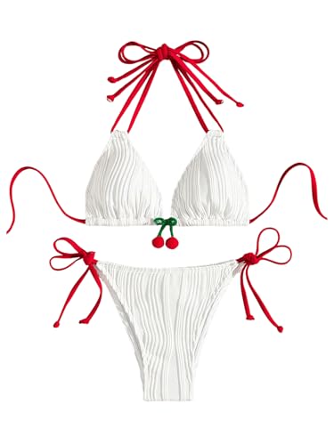 Verdusa Women's 2 Piece 3D Cherry Color Block Bikini Sets Halter Neck Tie Cute Swimsuit Bathing Suit