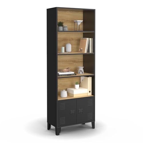 IDMarket - Etagère bibliothèque 5 Niveaux avec Placard Ester Portes métal Noir et Plateau Bois Design Industriel