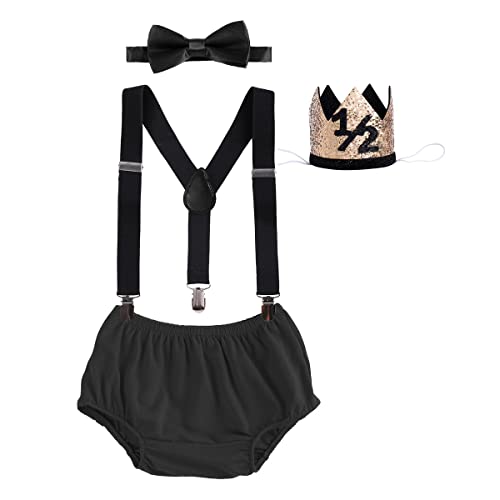 Image of IBTOM CASTLE Baby Boy 1/2 Birthday Cake Smash Outfit Diaper Cover+Suspenders+Bow Tie+Crown Newborn Photography Clothes Set