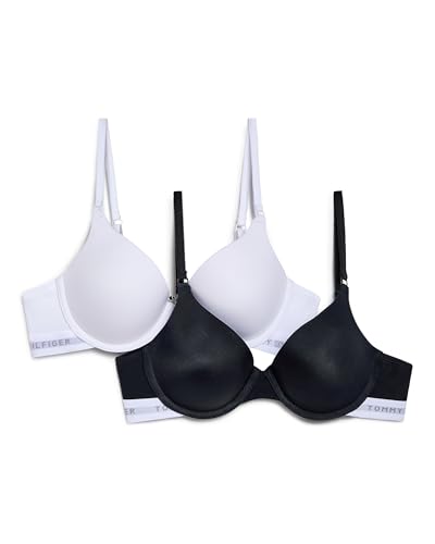 Tommy Hilfiger Women's Microfiber Push-Up Bra with Underwire 2-Pack, Black/Bright White, 36C