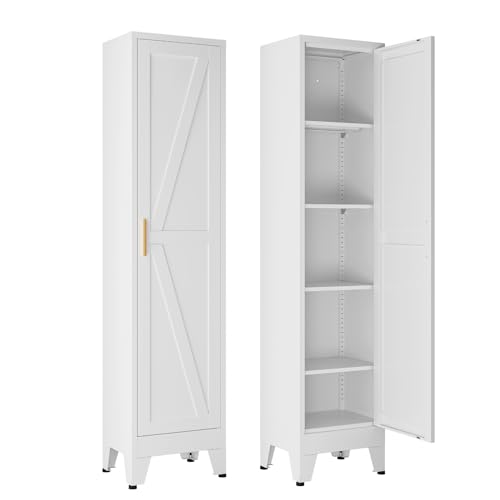 Image of 67 inch Tall Storage Cabinet with Reversible Doors and Adjustable Shelves,Metal Slim Freestanding Cabinet for Bathroom Kitchen Garage Small Spaces,White1 Pack