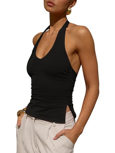 Tankaneo Womens Sexy Scoop Neck Halter Tops Backless Ruched Knit Tank Tops Summer Sleeveless Fitted Going Out Shirts4