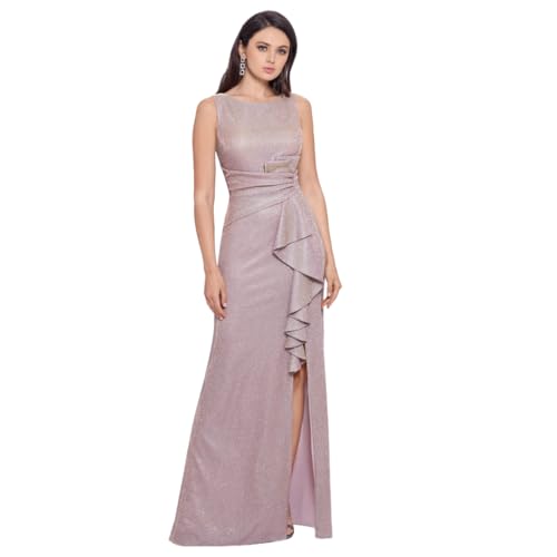 Image of Betsy & Adam Women's Long Bodycon Sleeveless Boat Neck Evening Gown with Side Slit Ruffle