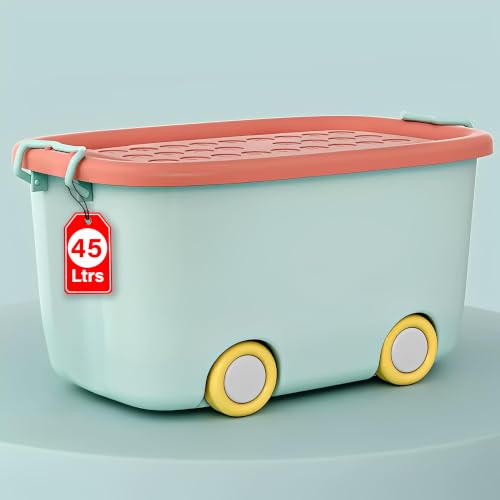 Image of JD FRESH 45 Litre Rolling Toy Storage Box /Colorful Car-Shaped Kids Toy Storage Organizer /X-Large Size Plastic Storage Box with Wheels & Handle /Stackable Storage Container Box (Pack of 1, Green)