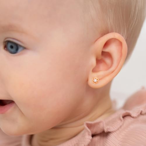 14k Yellow Gold 5mm Cultured Pearl Flower Screw Back Earrings for Little Girls, Floral Stud Earrings for Infants, Toddlers & Young Girls - Tiny Flowers Stud for Kids3