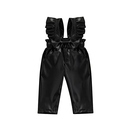 Nbulwbln Toddler Baby Girl Pu Leater Overalls Long Pants Jumpsuit Sleeveless Straps Suspender Ruffle Outfit Clothes (Black,1-2T)
